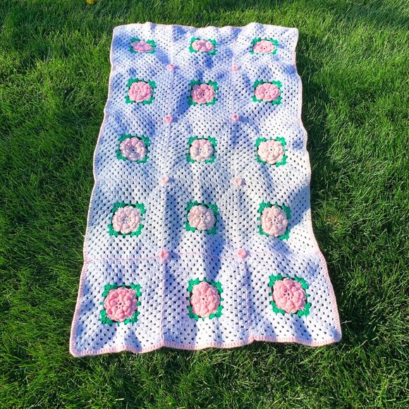 Handmade Other - Vintage Afghan Crochet Hand Knit Baby Blanket 3D Pink Roses Granny Squares Throw